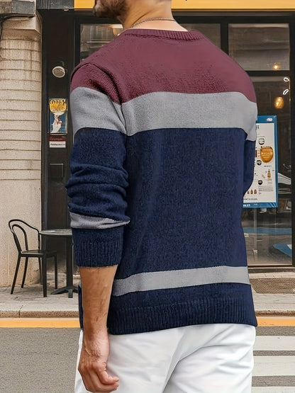 Pull homme col rond tricot torsadé à rayures contrastées
