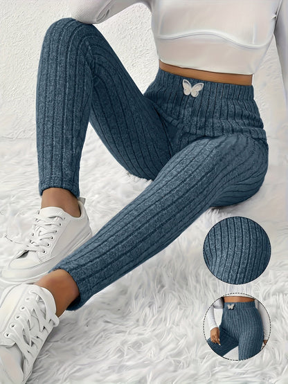 Legging côtelé gris clair taille haute avec détail papillon