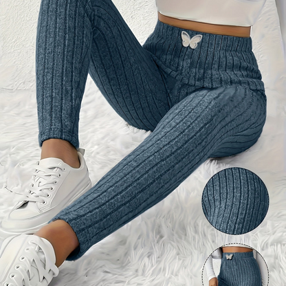 Legging côtelé gris clair taille haute avec détail papillon
