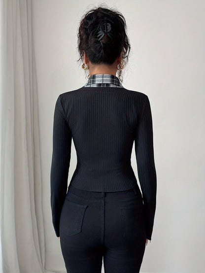 Haut femme effet superposé côtelé et carreaux noir et blanc