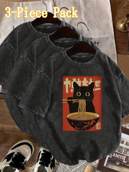 T-shirt Femme Style Vintage avec Chat Mangeant des Nouilles – Graphique Japonais, Décontracté et Original