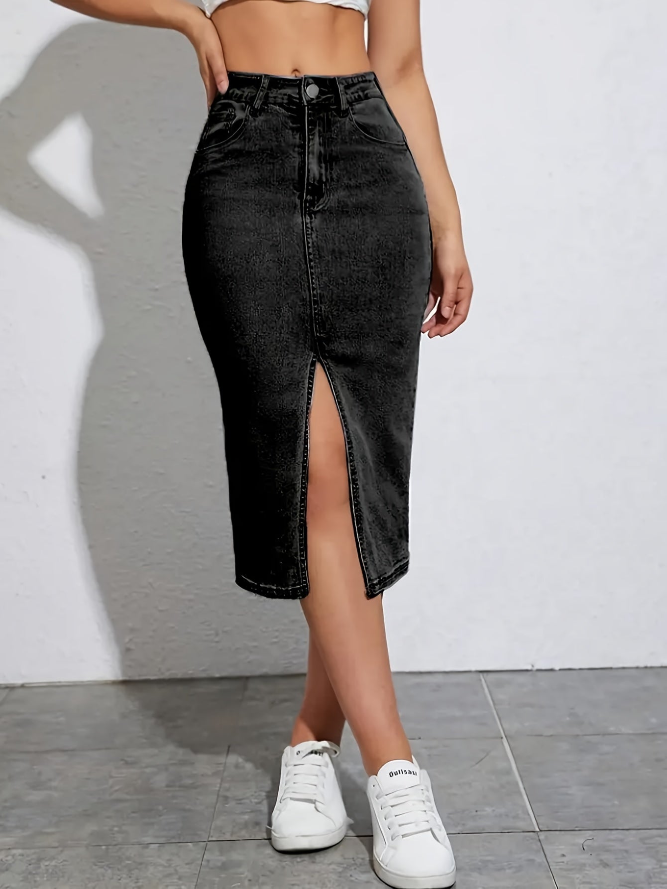 Højhalset pencilskørt med slids til kvinder, casual chic stil, ideel til sommeren