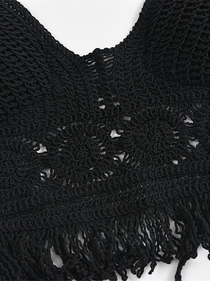 Top corto bohemio para atar para mujer estilo festival con detalles calados y flecos