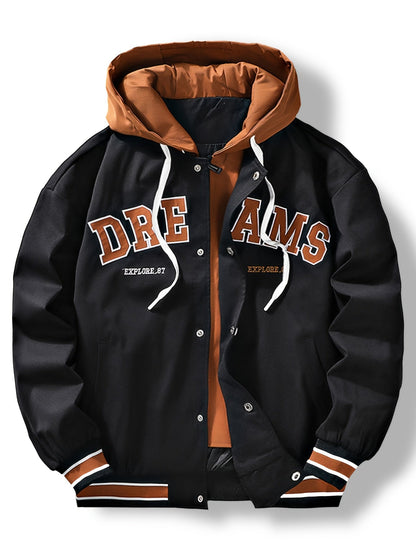 Veste universitaire bicolore blanche et marron pour homme avec capuche et inscription "DREAMS"