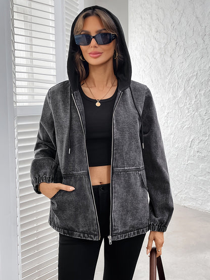 Veste à capuche femme gris délavé zippée poches à rabat