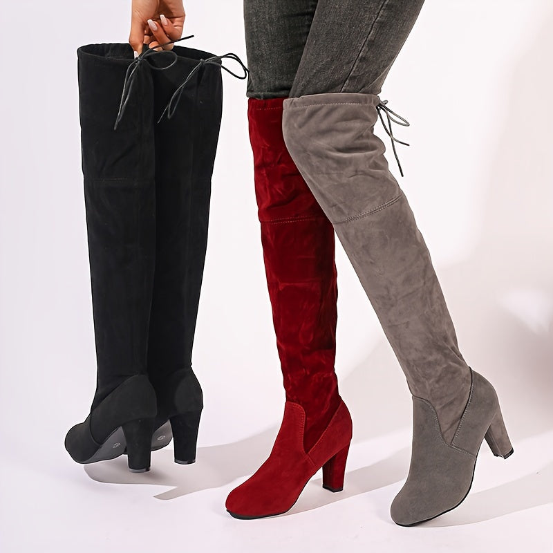 Bottes Cuissardes Femme à Talon Carré Épais et Lacets Arrière - Style Élégant et Confortable