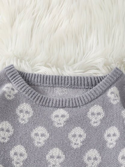 Pull col rond à motif têtes de mort en tricot doux