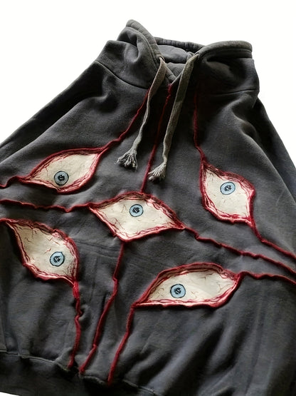 Sweat à Capuche Gris Anthracite Ample avec Motifs Yeux Stylisés
