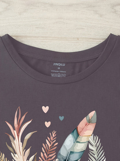 Dames T-shirt Boheemse Stijl Bloemen- en Veerprint, Casual Zomer