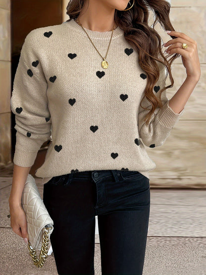 Pull Femme Col Rond en Maille Coeurs Beige Noir