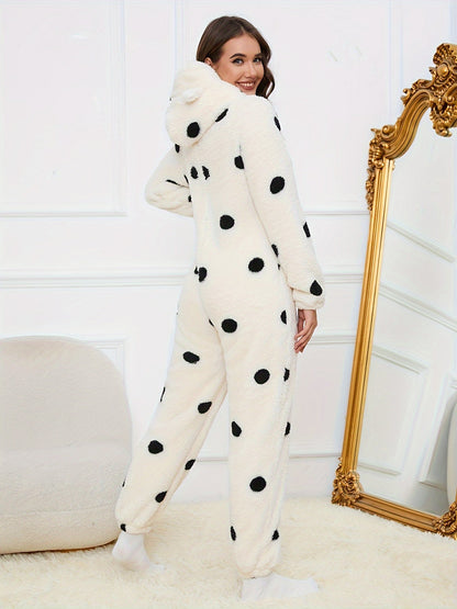 Combinaison Pyjama Polaire Femme à Capuche Ourson ou Pois Colorés Fermeture Éclair
