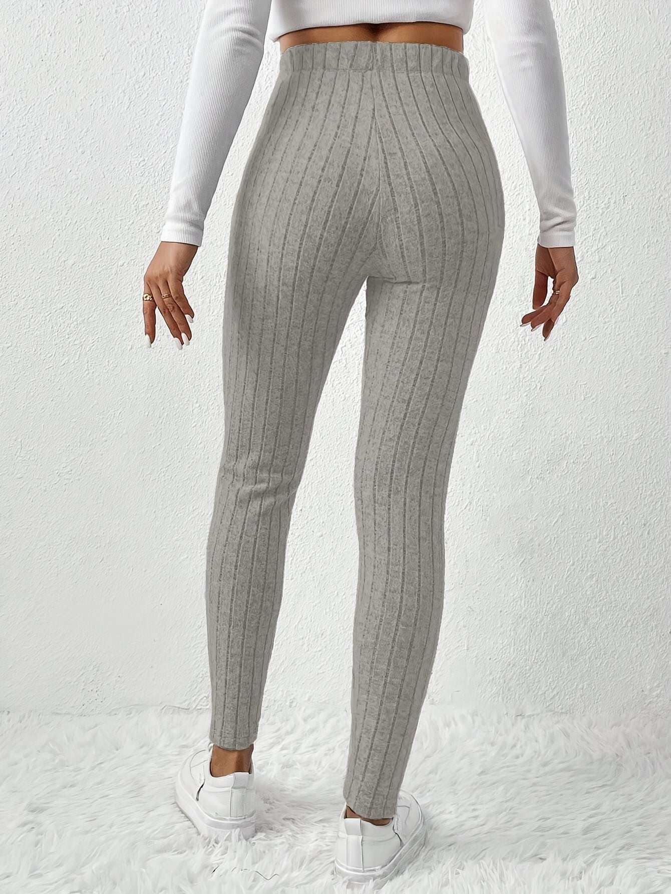 Legging Femme Côtelé Taille Haute Ajustable Confortable Marron Chiné