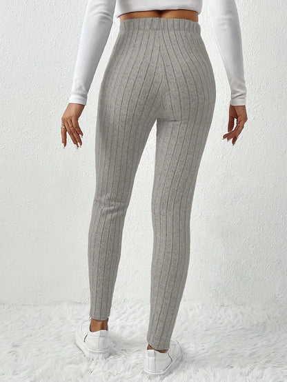 Legging Femme Côtelé Taille Haute Ajustable Confortable Marron Chiné