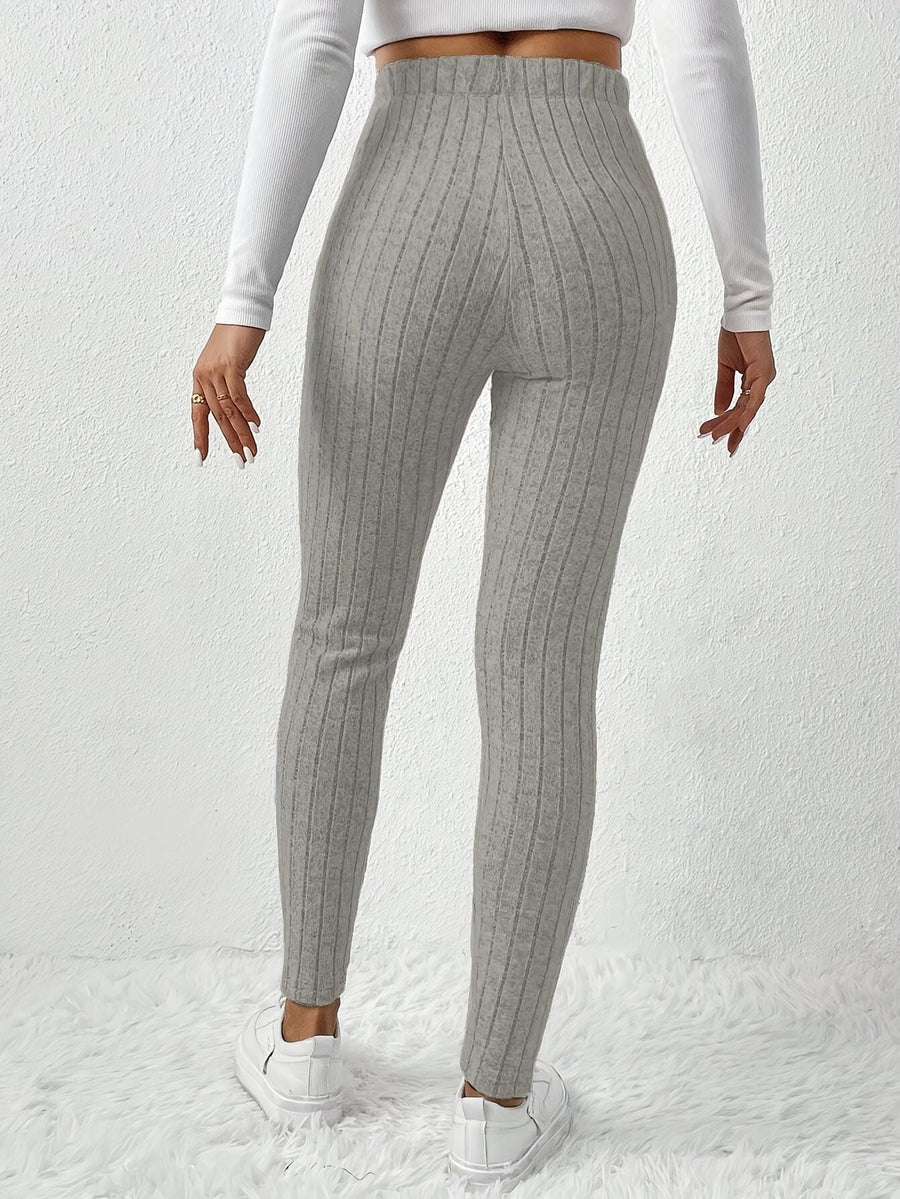 Justerbara, bekväma, ribbade leggings för damer med hög midja, melerad brun