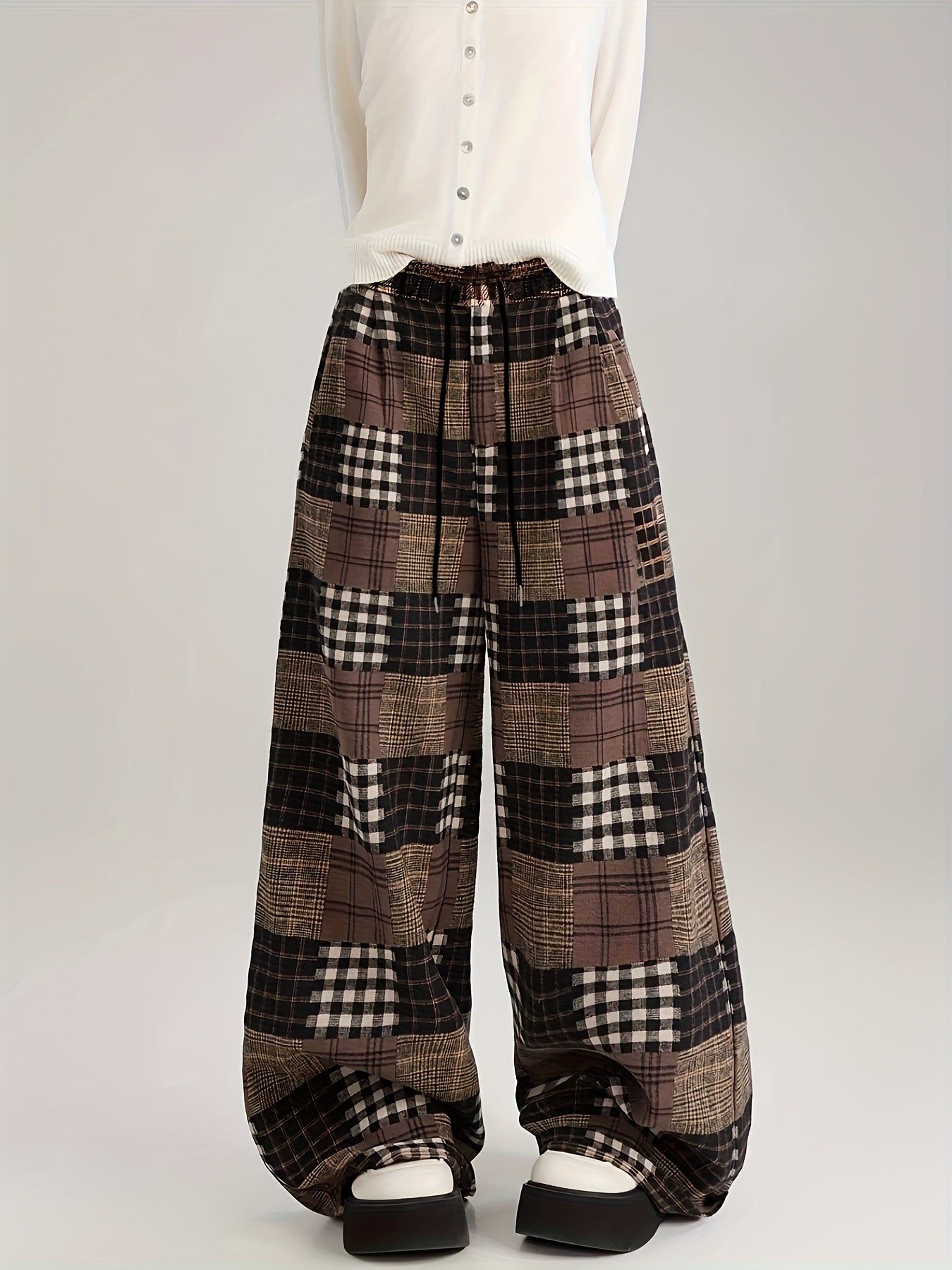 Pantalon large à carreaux style patchwork marron doublé doux