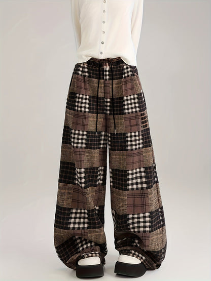 Pantalon large à carreaux style patchwork marron doublé doux