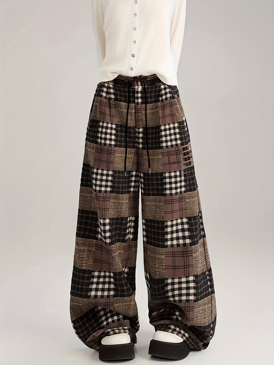 Pantalon large à carreaux style patchwork marron doublé doux