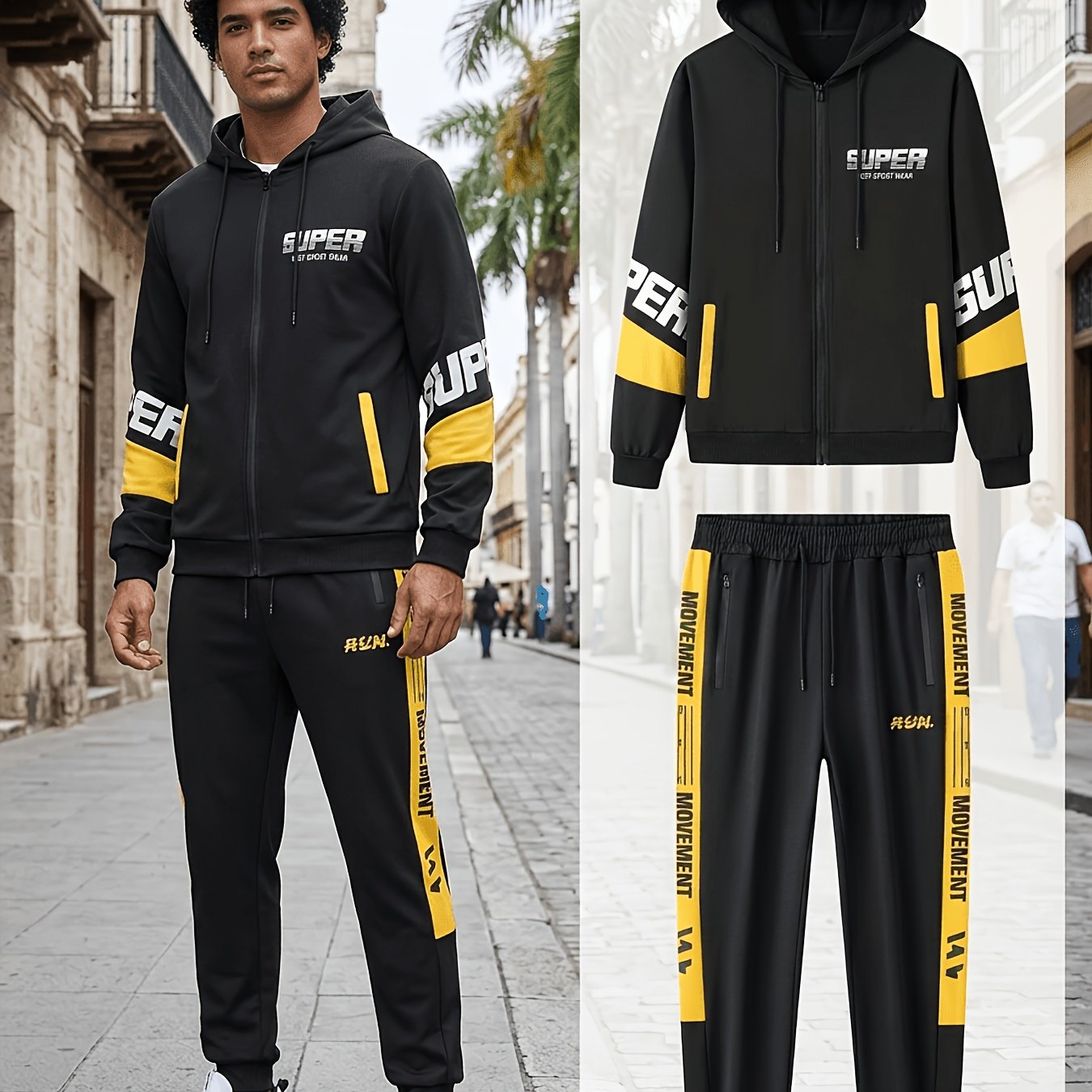 Ensemble Homme Sportif Noir avec Capuche et Bandes Latérales