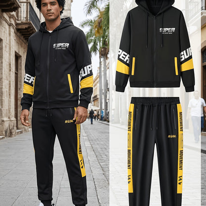 Ensemble Homme Sportif Noir avec Capuche et Bandes Latérales