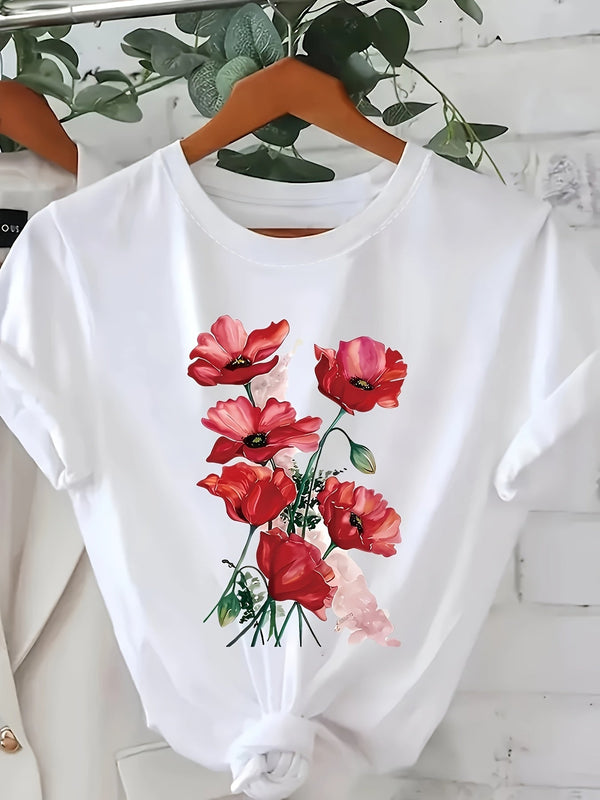 T-shirt dam avslappnad stil med konstnärligt blommönster för vår och sommar