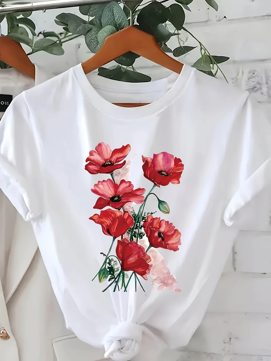 T-shirt Femme Style Décontracté à Imprimé Floral Artistique pour le Printemps et l'Été