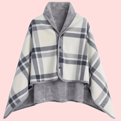 Women's Plaid Snap Button Fleece Lined Poncho Cape