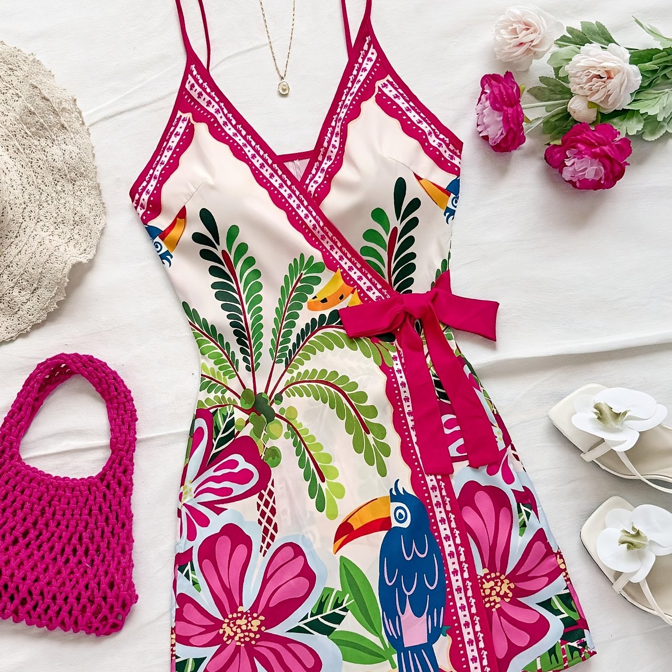 Abito portefeuille tropicale donna stile vacanze con stampa floreale e pappagallo