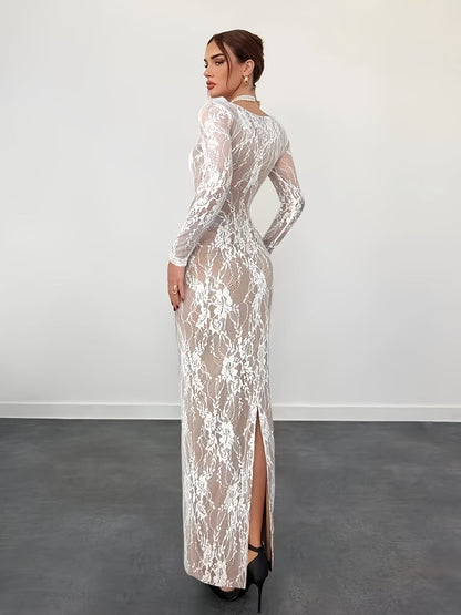 Abito donna elegante aderente stile serata con maniche lunghe e scollo quadrato