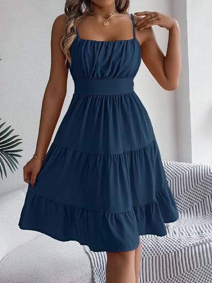 Robe d'été femme style décontracté à bretelles fines, volants, allure vacances