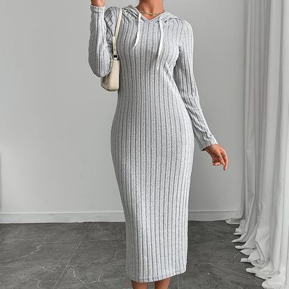 Robe longue côtelée à capuche Femme, manches longues, ajustée
