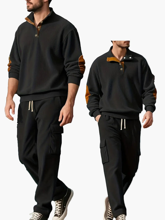 Ensemble de survêtement décontracté pour homme, style automne/hiver, col à boutons et pantalon cargo