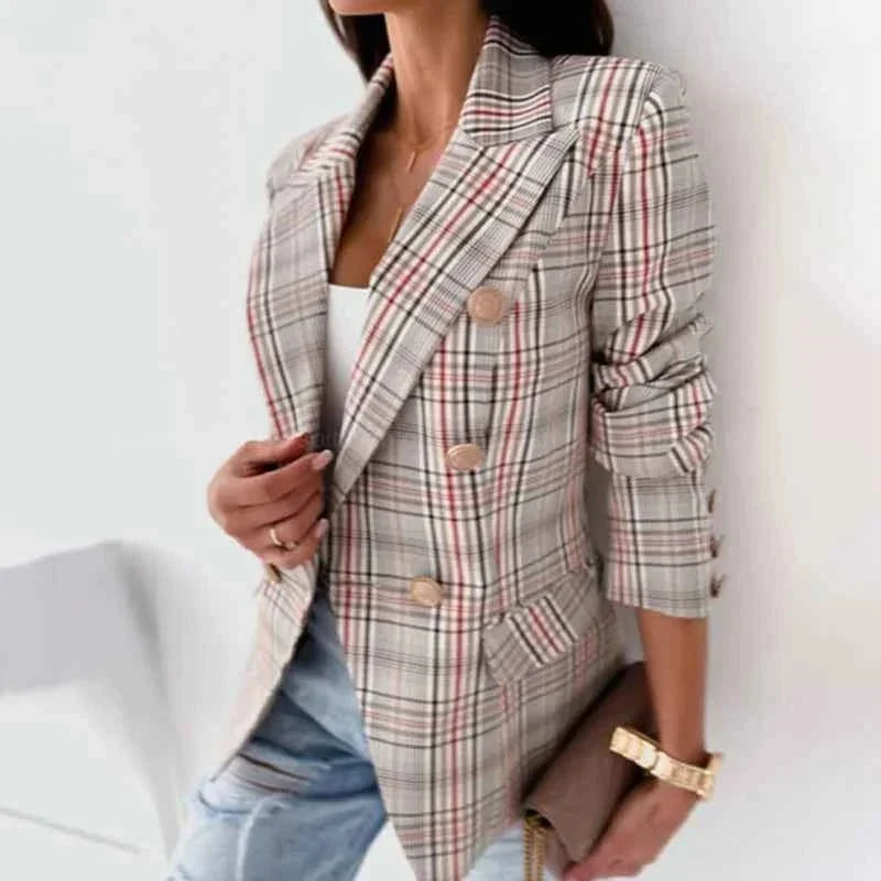 Women's double-breasted plaid blazer with notched lapels, available in various colors