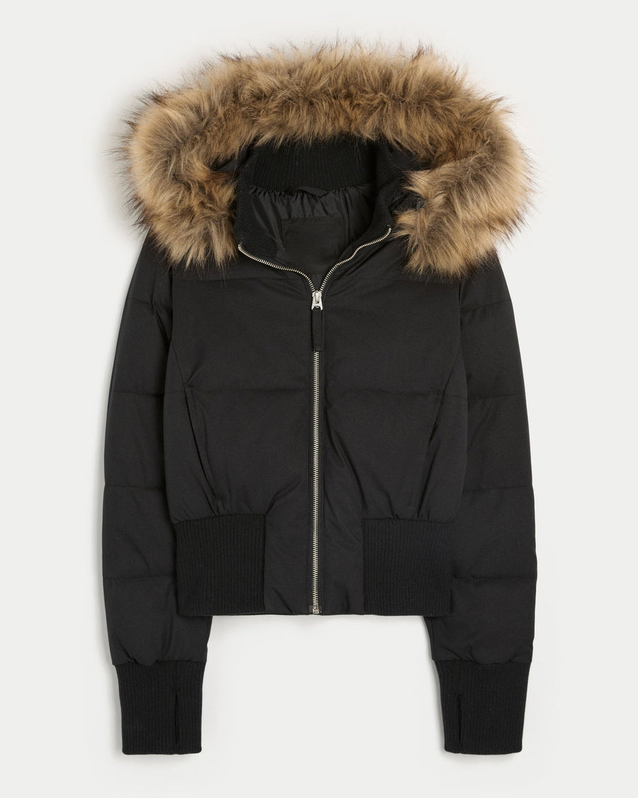 Chaqueta acolchada corta estilo bomber para mujer, con capucha ribeteada de pelo sintético extraíble y cierre frontal de cremallera