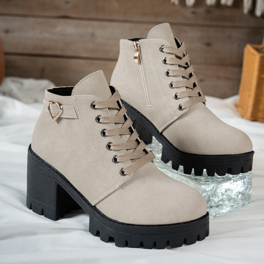 Women's Lace-Up Ankle Boots with Chunky Lugged Block Heel and Decorative Heart