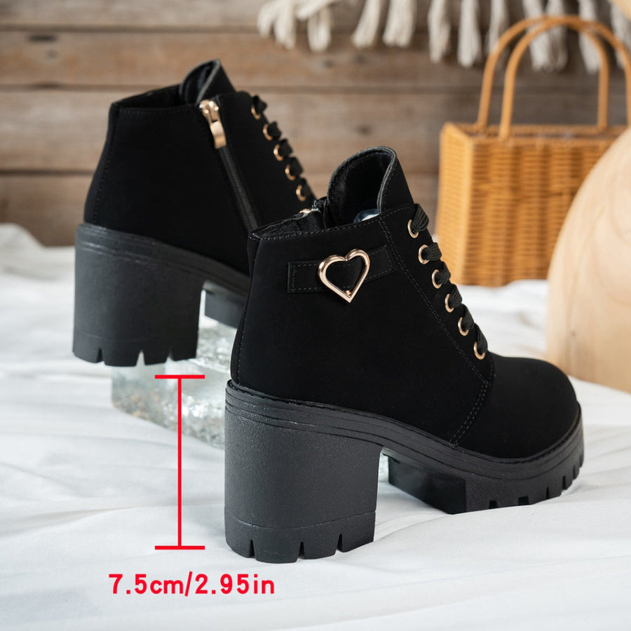 Women's Lace-Up Ankle Boots with Chunky Lugged Block Heel and Decorative Heart