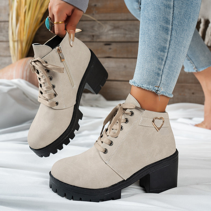 Women's Lace-Up Ankle Boots with Chunky Lugged Block Heel and Decorative Heart