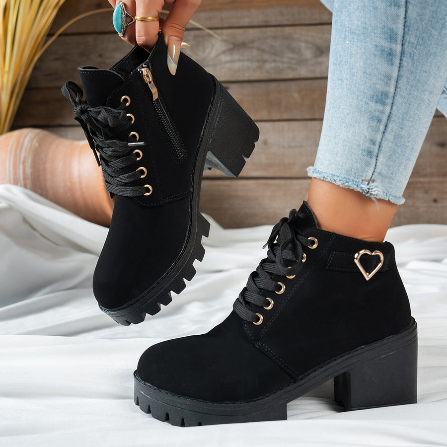 Women's Lace-Up Ankle Boots with Chunky Lugged Block Heel and Decorative Heart
