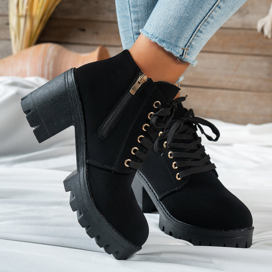 Women's Lace-Up Ankle Boots with Chunky Lugged Block Heel and Decorative Heart