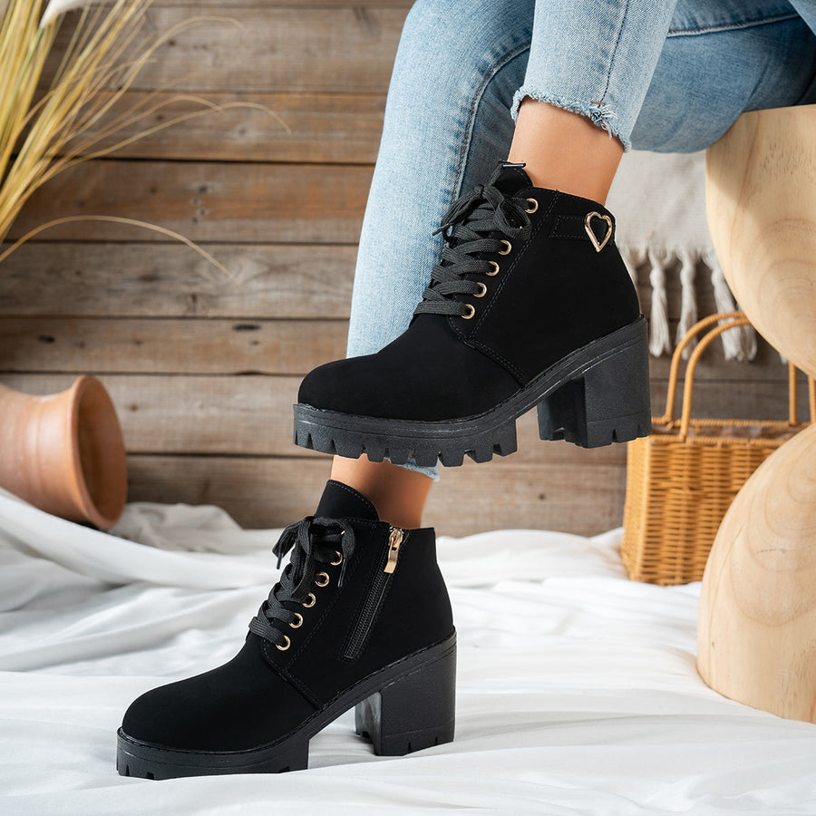 Women's Lace-Up Ankle Boots with Chunky Lugged Block Heel and Decorative Heart