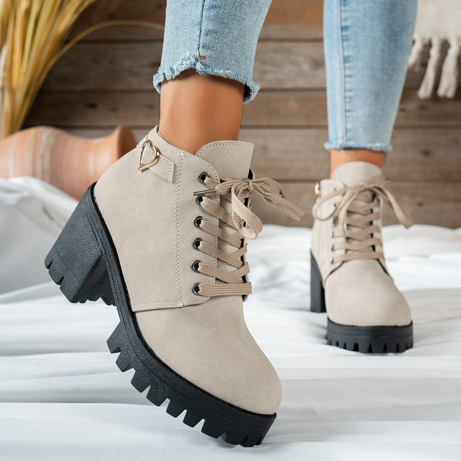 Women's Lace-Up Ankle Boots with Chunky Lugged Block Heel and Decorative Heart