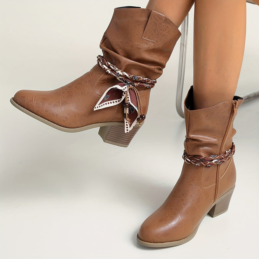 Light Brown Women's Western Boots with Decorative Scarf and Block Heel