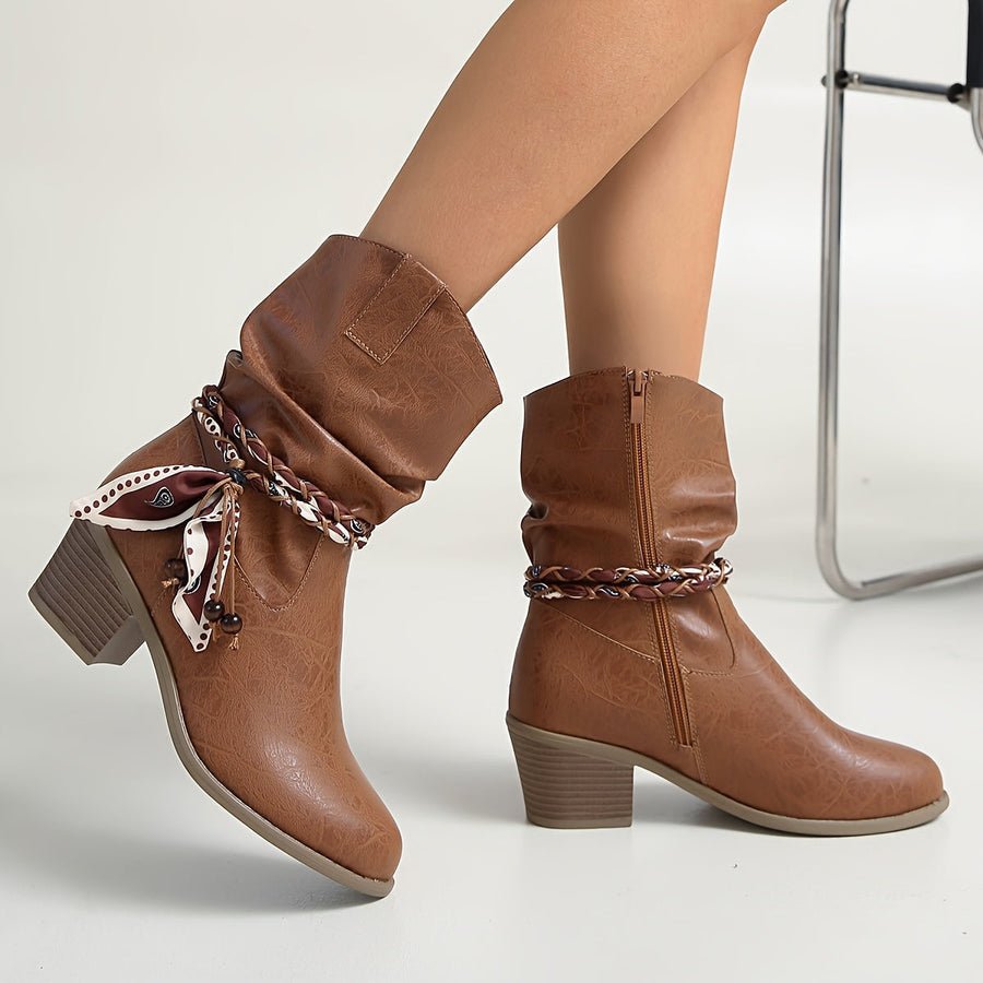 Light Brown Women's Western Boots with Decorative Scarf and Block Heel