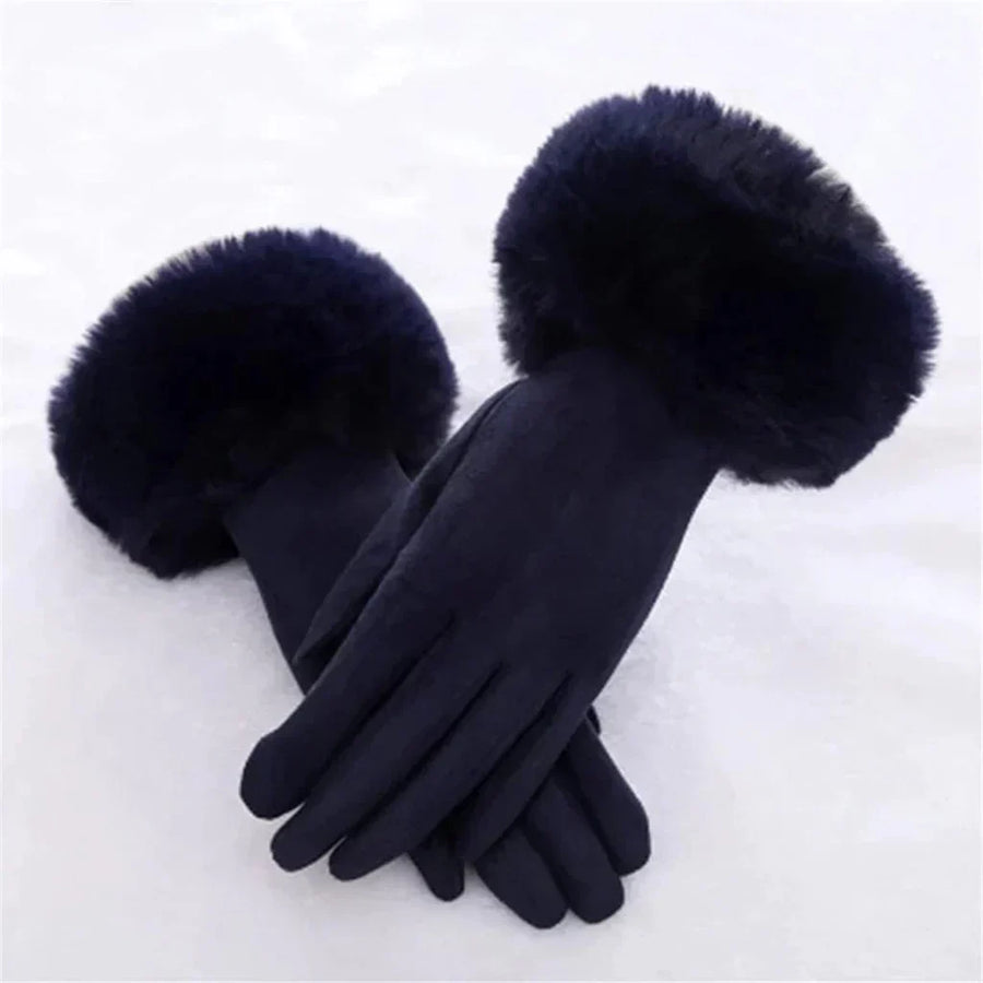 Gants Femme Hiver Aspect Suédé avec Bordure Fausse Fourrure Rose Poudré