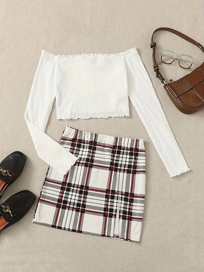 Conjunto de dos piezas para mujer estilo elegante falda a cuadros y top con hombros descubiertos para salidas primaverales y estivales