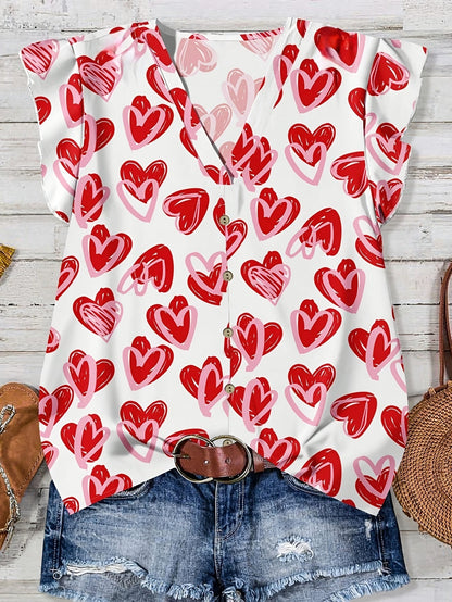 Women's casual blouse with heart print, summer style, V-neck, buttoned