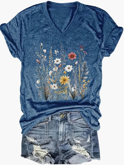 Afslappet dame-T-shirt med V-hals og boheme blomsterprint til sommeren