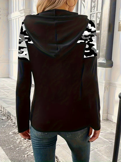 Sweat à Capuche Femme Manches Longues Motif Camouflage Noir et Blanc Élégant