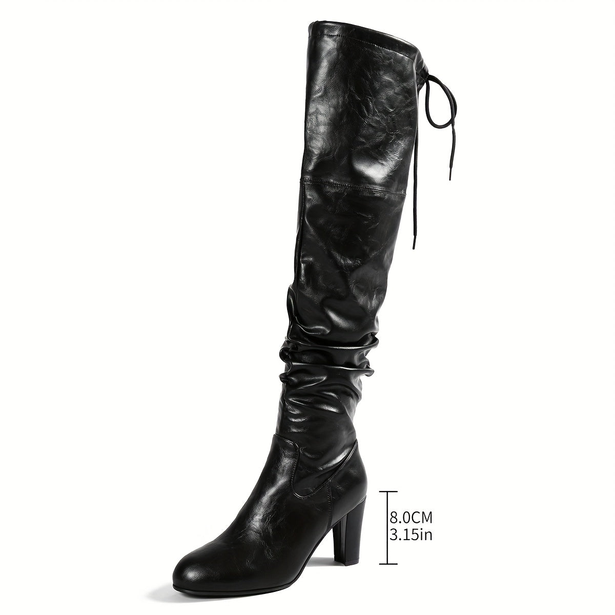 Bottes Noires Montantes Femme à Talon Carré et Effet Plissé