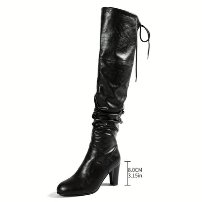 Bottes Noires Montantes Femme à Talon Carré et Effet Plissé