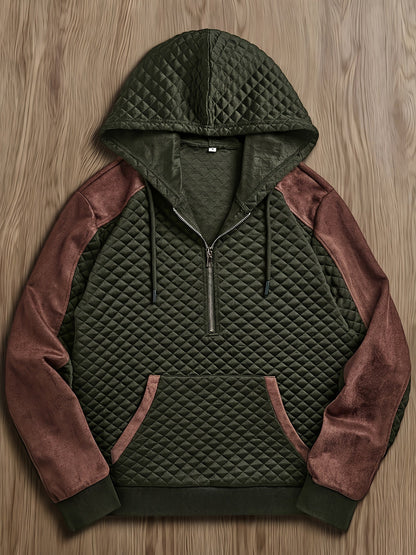 Sweat à Capuche Homme matelassé Noir Marron à Demi-Zip
